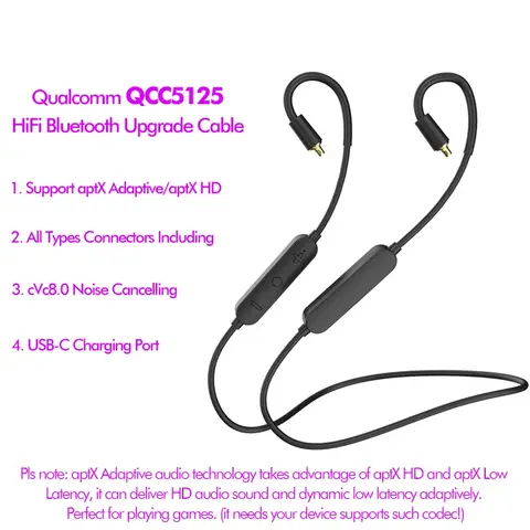 QCC5125 aptX HD 블루투스 케이블 업그레이드 MMCX, Shure SE215 Fiio FH3 AKG N40 2 핀, KZ ZST AS10 TRN V80 CCA C16 W4R UE18 TFZ용 QCC5125 aptX HD 블루투스 케이블 업그레이드 MMCX, Shure SE215 Fiio FH3 AKG N40 2 핀, KZ ZST AS10 TRN V80 CCA C16 W4R UE18 TFZ용