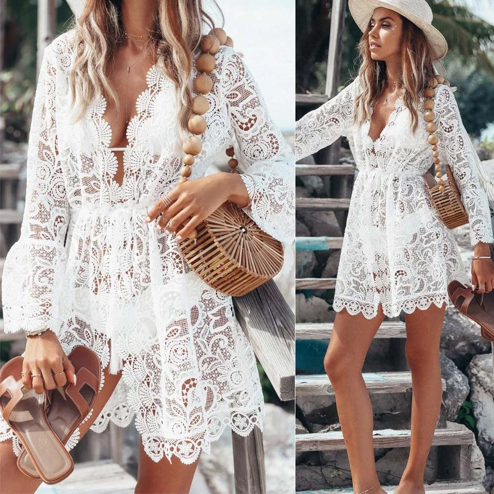 

Street Sle Beach Bikini Cover up Sexy Hollow out Sun Protection Lace Trim Long Sve Dr ort Skirt Summer Faion