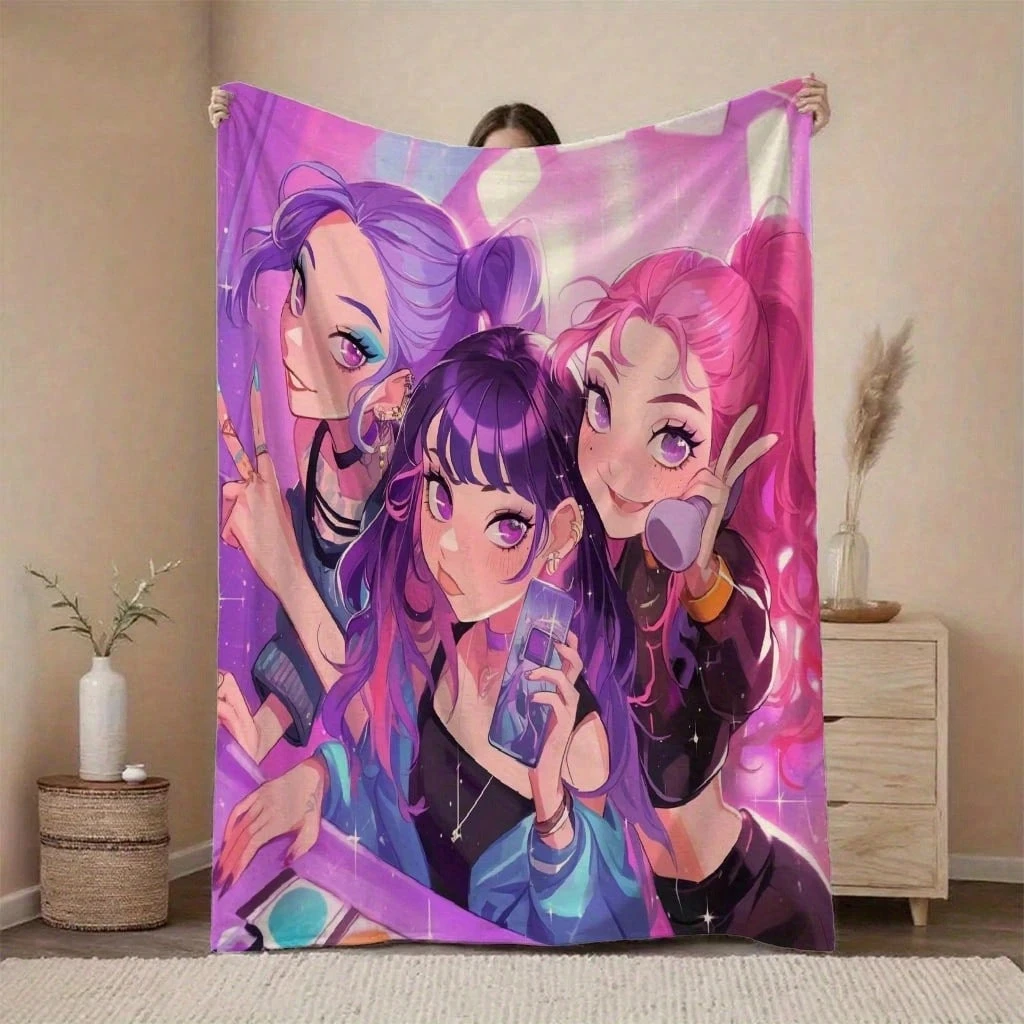 1pc Cute Anime Girls Flannel Blanket, 2D Print Flannel Throw, Purple Pink Kawaii Anime Blanket for Bedroom Living Room Camping,