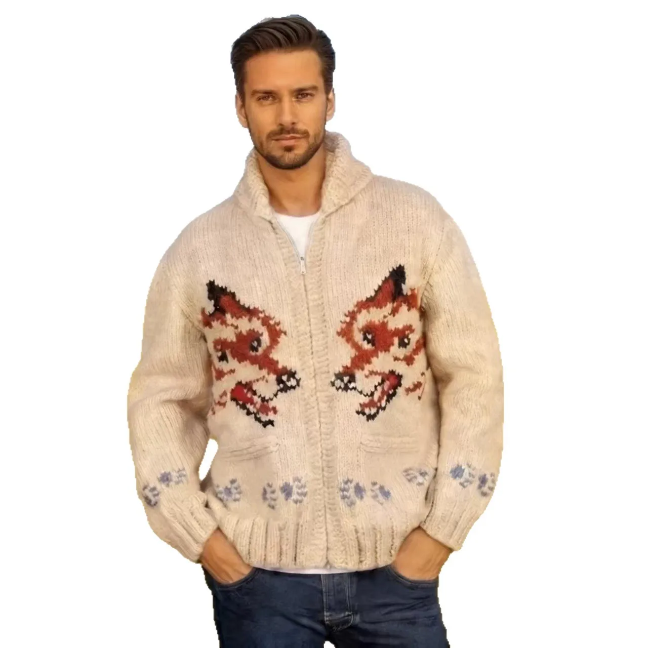 Men's Fox Plaid Knitted Sweater Blazer for Spring 2026 - Thick Knit with Zipper Closure Loose and Comfortable Style