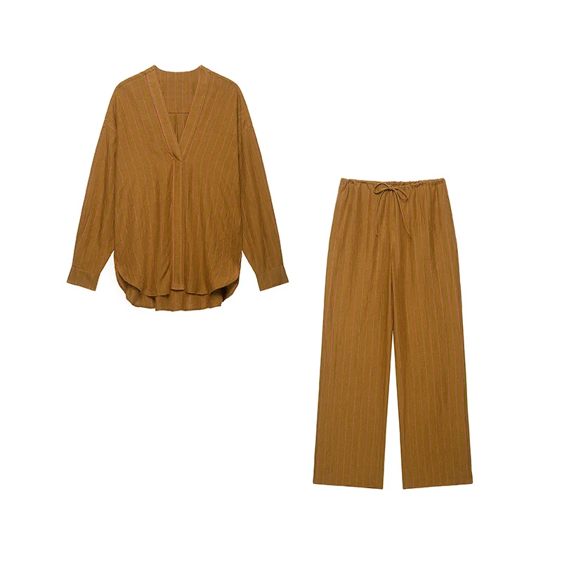 Guobioziy Women's Set 2026 Autumn New Camel Stripe Long-Sleeve Loose Simple Top and Pants Set Casual Fashion Relaxed and Lazy