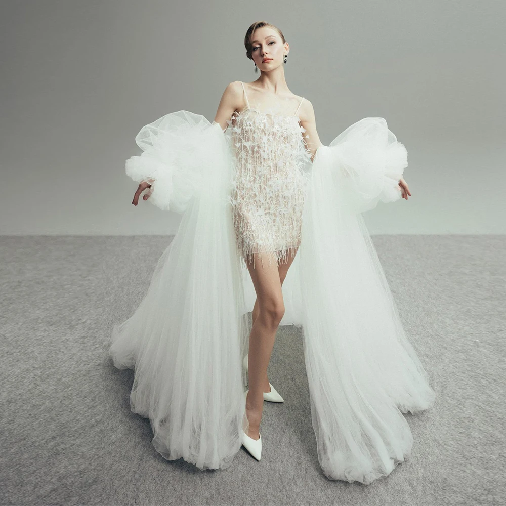 

Elegant Soft Tulle Long Wedding Cape Puffy Short Sleeves Bridal Jacket Fashion Woman Evening Cape Chic TSWD762