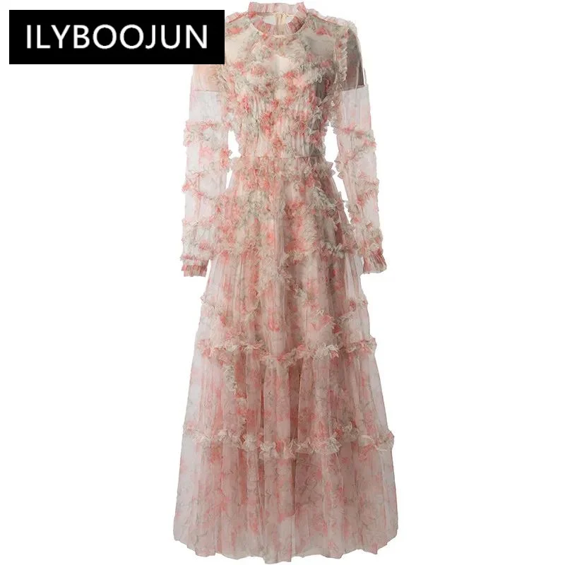 

ILYBOOJUN Spring Summer Women's Dress Lantern Sleeved Mesh Splicing Edible Tree Fungus Edge Print Ball Gown S-4XL Dresses