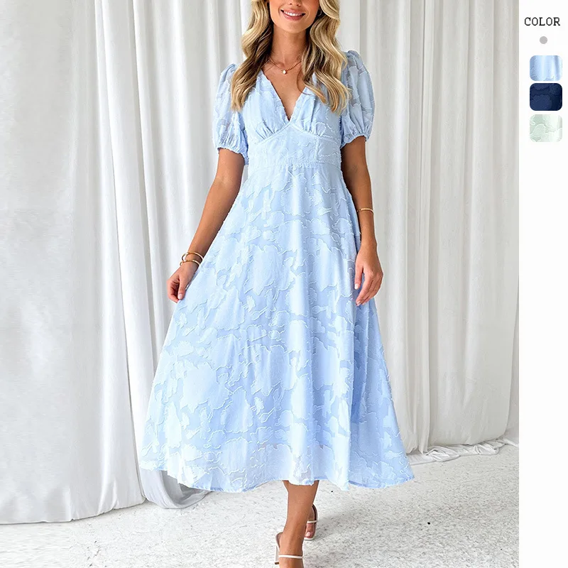 

European and American Summer Dresses Flowers, Lace, Short Sleeves High Waist and A-shaped Elegant Parties Long Skirts and Women.