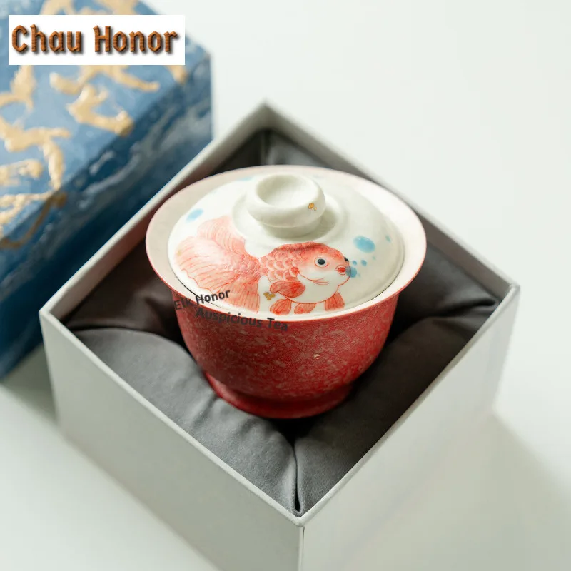105ml Hand Painted Koi High Footed Gaiwan Japanese Tea Tureen Tea Bowl With Lid Kit Tea Brewing Cover Bowl Tea Ceremony Gift