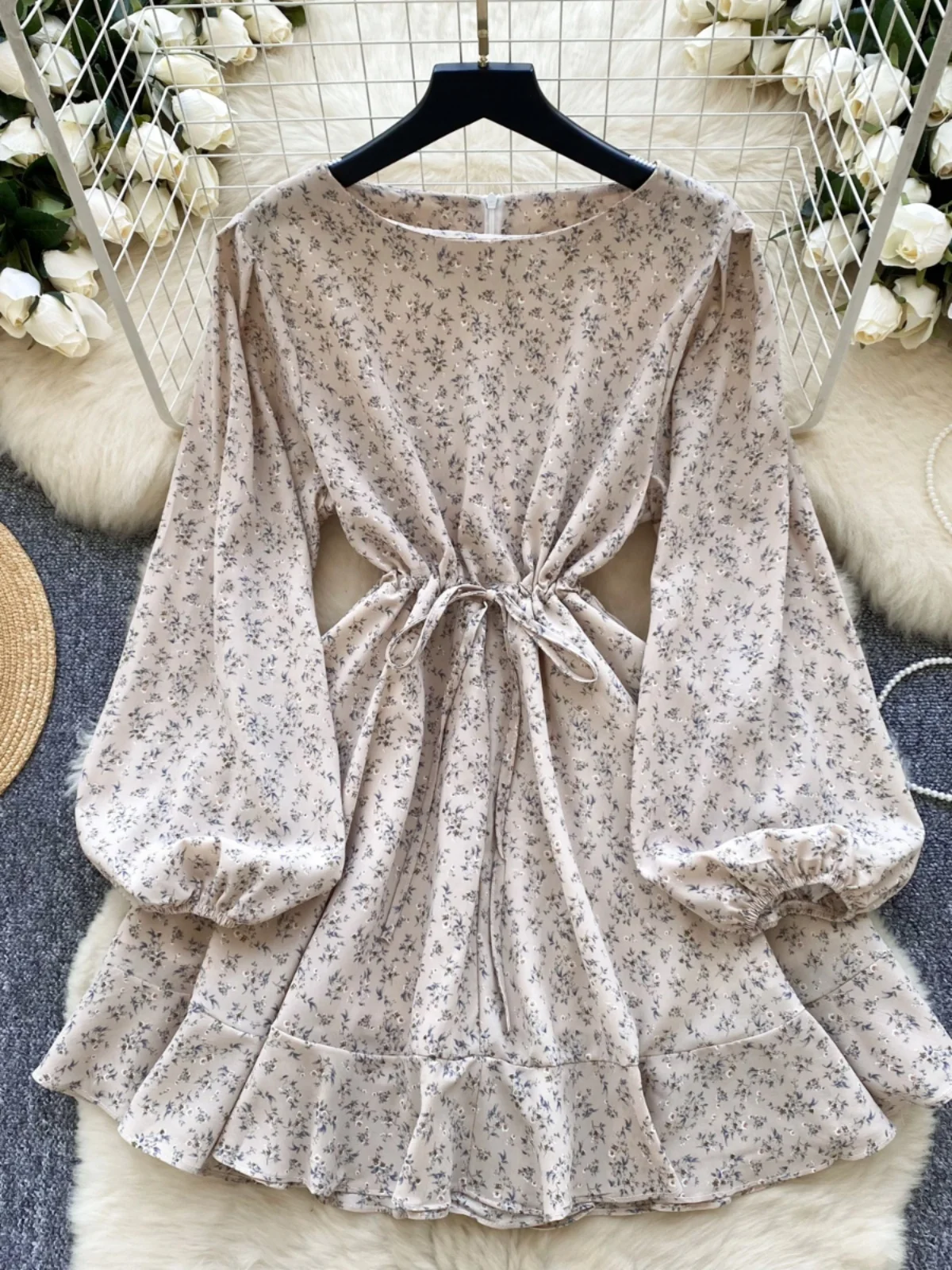 Vestido corto con estampado Floral y cordón en la cintura para mujer, vestido corto con mangas acampanadas, falda acampanada ...