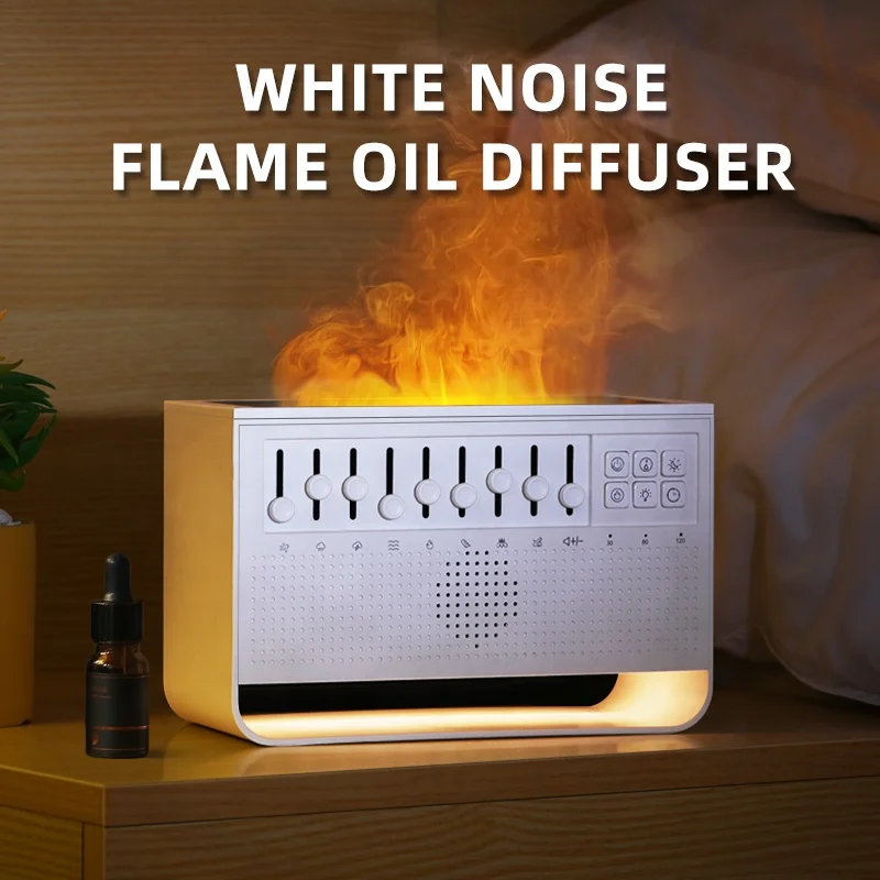 

Warm night light 200ml flame light air mist humidifier aromatherapy 3D fire volcanic flame aroma oil diffuser with white noise