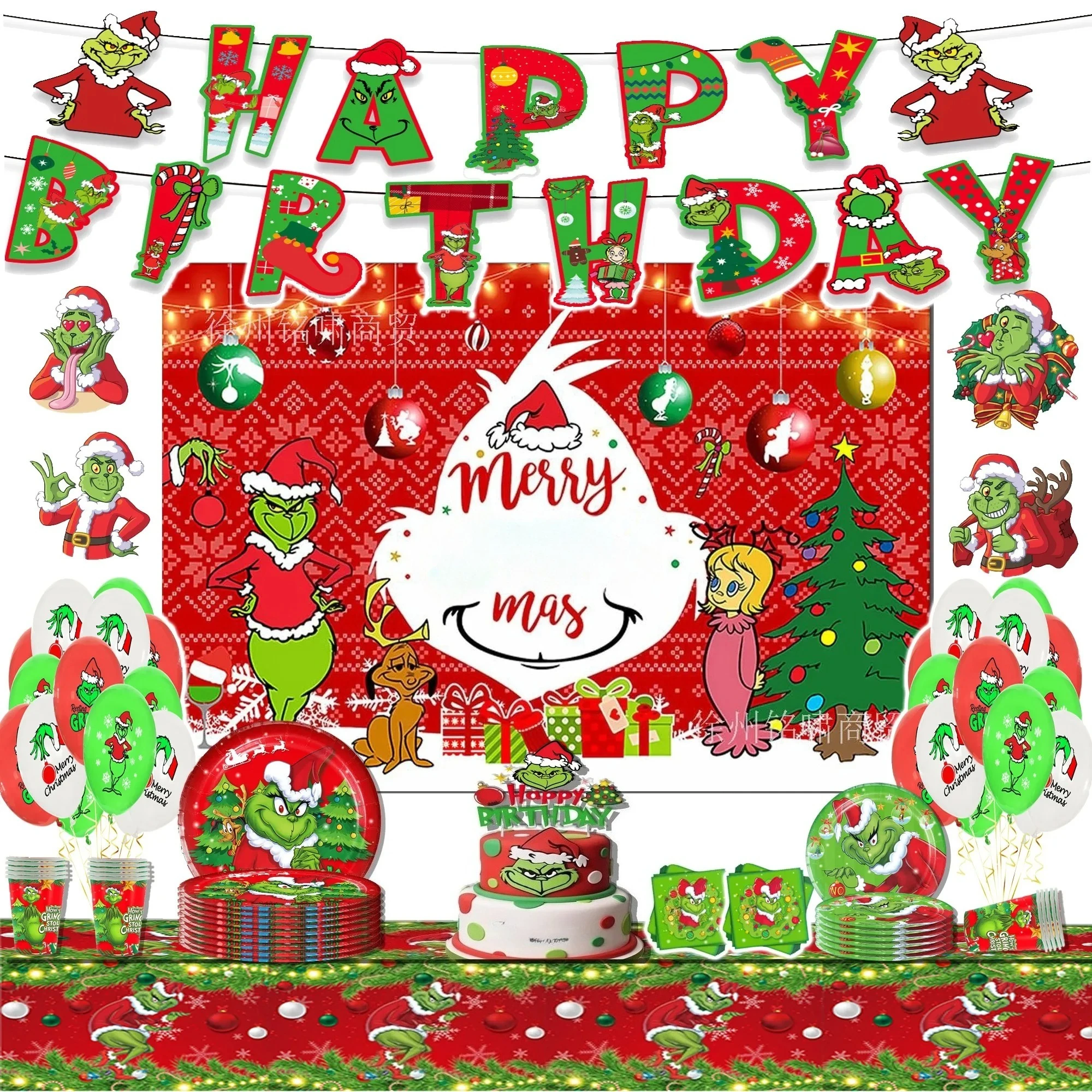Vaisselle de fête d'anniversaire Grinch de noël, bannière jetable, garniture de gâteau, drapeau suspendu, ballons Grinch, ensemble de décoration d'anniversaire