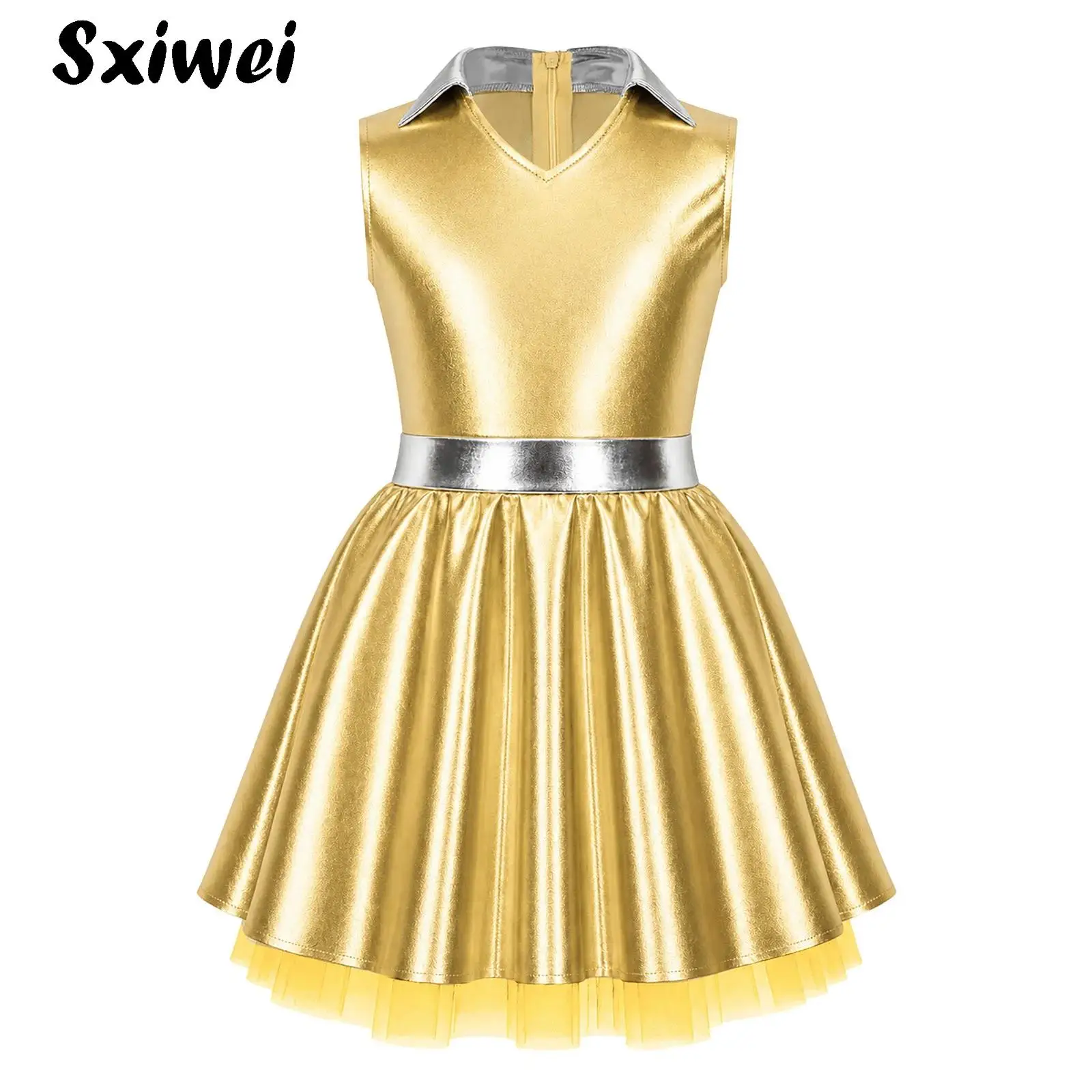 Girls Metallic Shiny Zipper Alien Tutu Dress Children Sleeveless A-line Tulle Metallic Disco Dress Space Robot Astronaut Costume