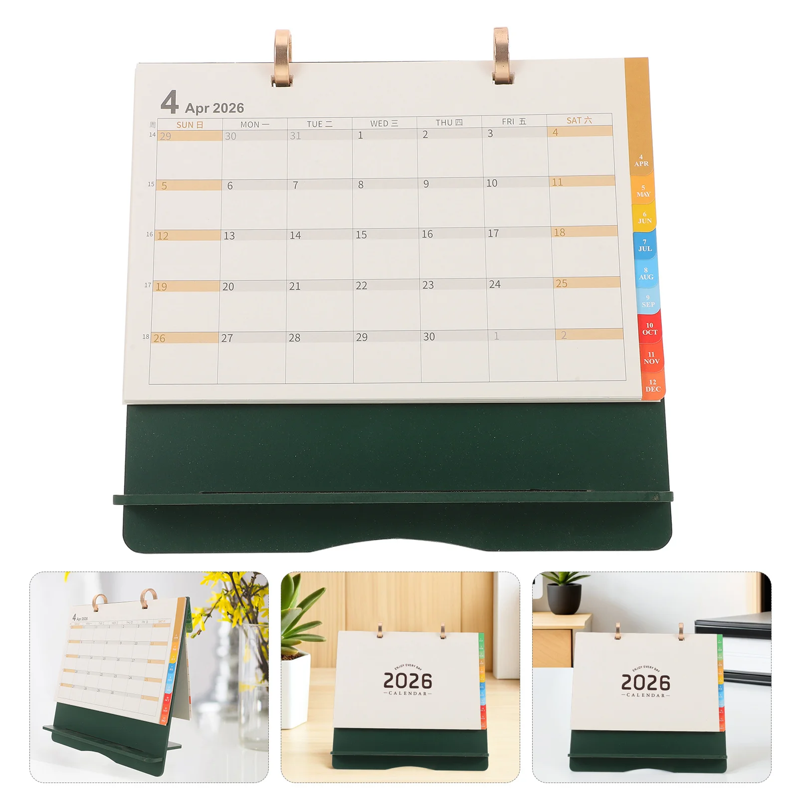 

2026 стоячий флип-календарь, деревянный настольный ежемесячный планировщик, годовой планировщик, планировщик заметок, красочные вкладки, зеленый офисный стол
