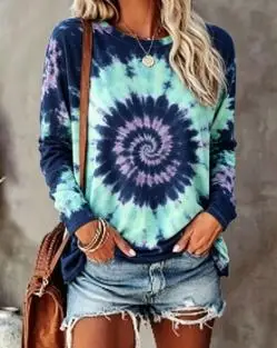 Women's Crew Neck Long Sleeve T-Shirt Red Blue White Spiral Tie Dye Print Casual Loose Fit Tops