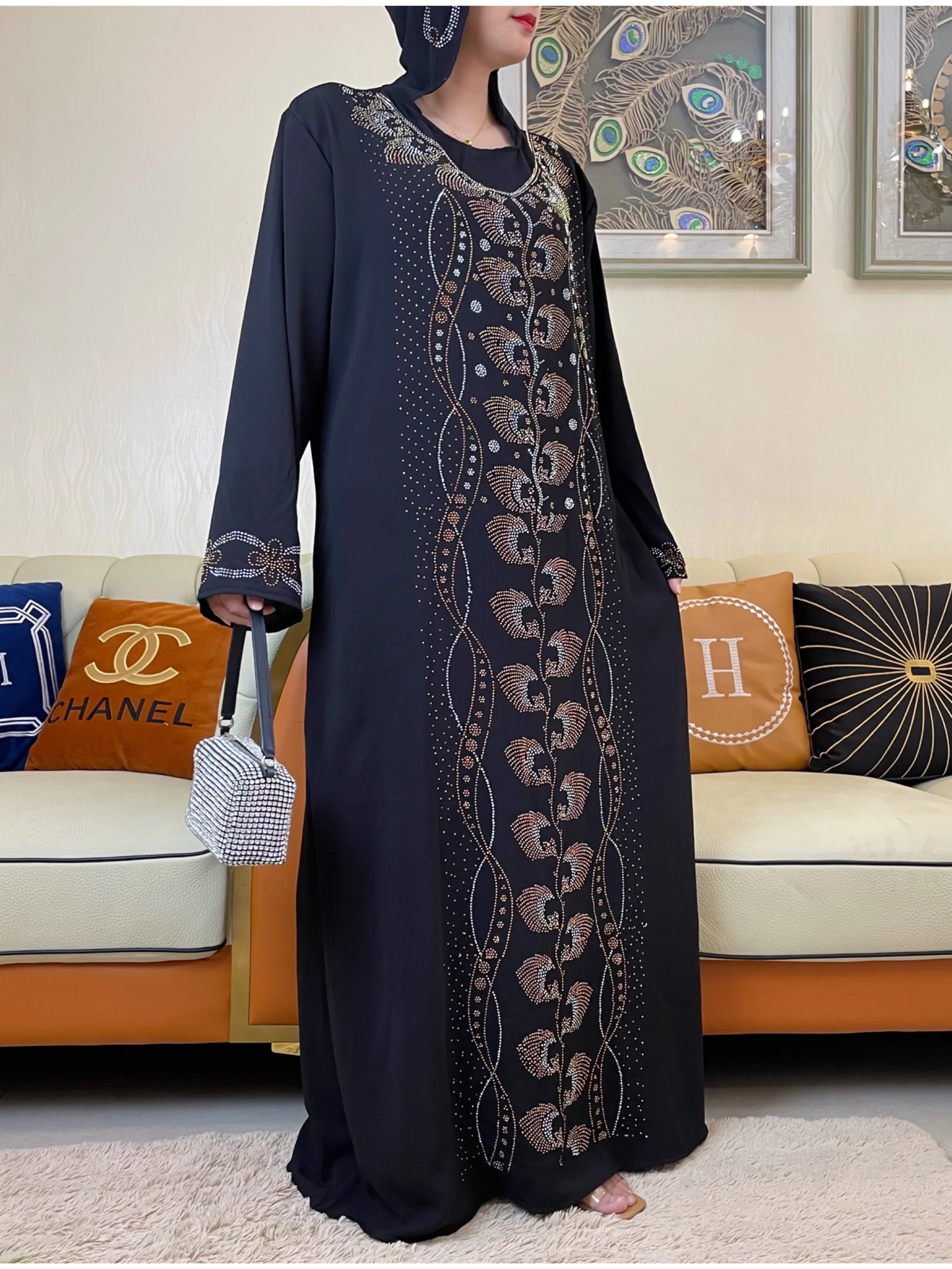 Luxury African Autumn Women Dresses 2022 New Islamic Clothing Dashiki Diamond Abaya Dubai Robe Evening Long Sleeve Muslim Dress