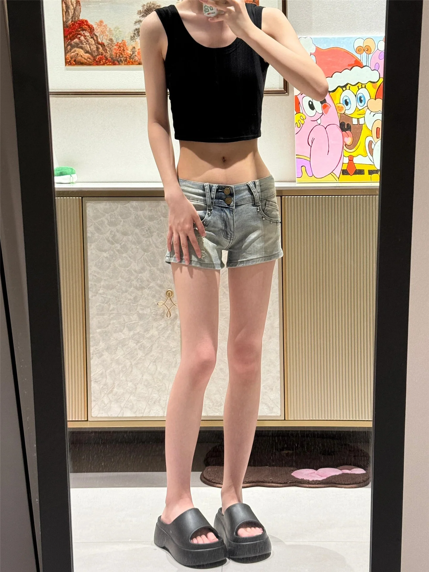 

American Style Retro Millennium Hot Girl Low Waist Denim Shorts Women's Summer Slimming Tight Washed Wrap around Hot Pants