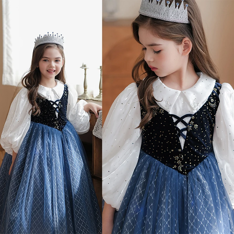 2 to 8 Years Korean Children Cosplay Anna Princess Party One Piece Dress for Girl Fluffy Snow Queen Masquerade Halloween Costume