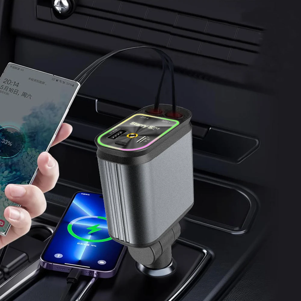 1pc Car 4 In 1 Retractable Charger 66W Fast Charging Adapter with Star Night Light Type C Dual Cable Charger For iPhone Huawei