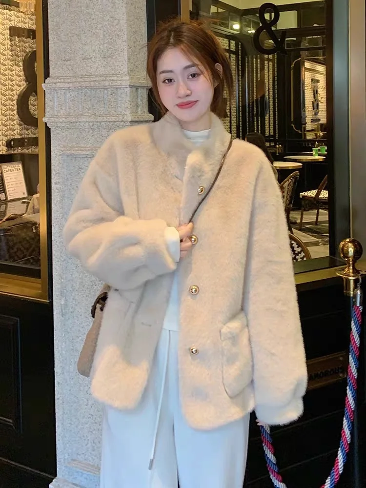 

Eco-Friendly Rabbit Fur Jaet Stand Collar Plu Women's Winter Coat Luxury Feel Loose Fit Long Sve Thermal Outerwear