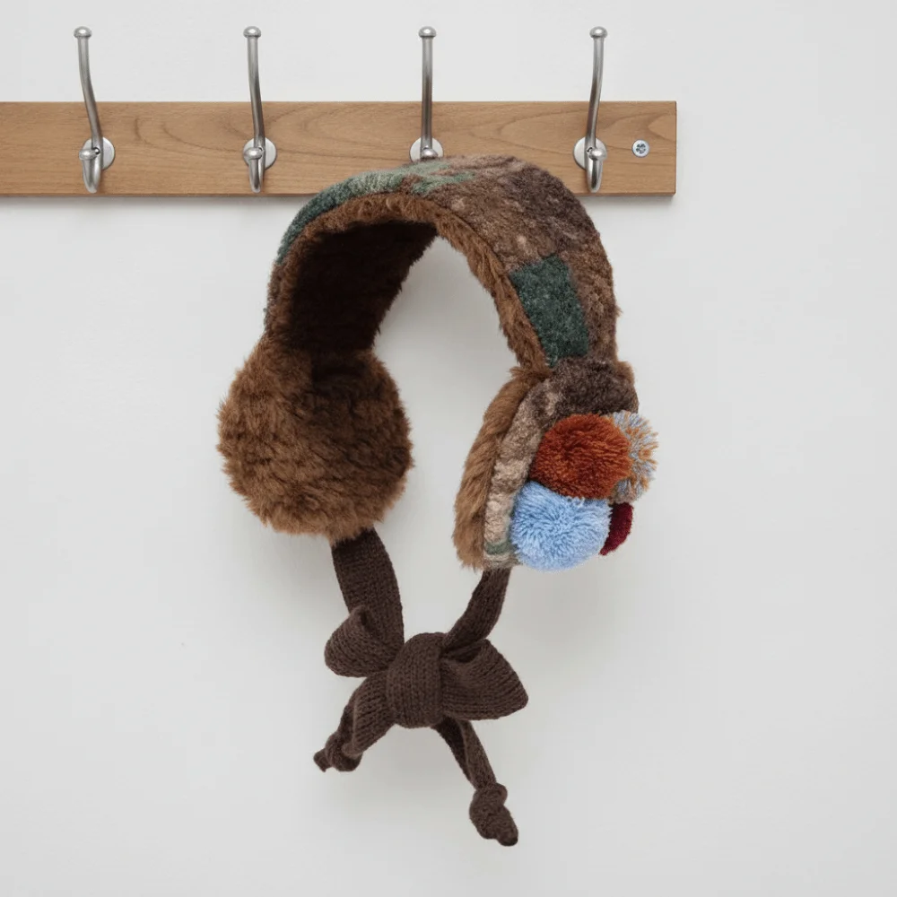 Brown Retro Knit Earmuffs Thickened Windproof Vintage Pom Earmuff Color Block Comfortable Lace Up Ear Warmer Teens
