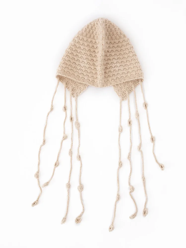 TLOML Women's 100% Cashmere Cable Knitting Tassel Hats Autumn Winter Warm Soft Pullover Caps Casual Cashmere Comfy Fashion Hats