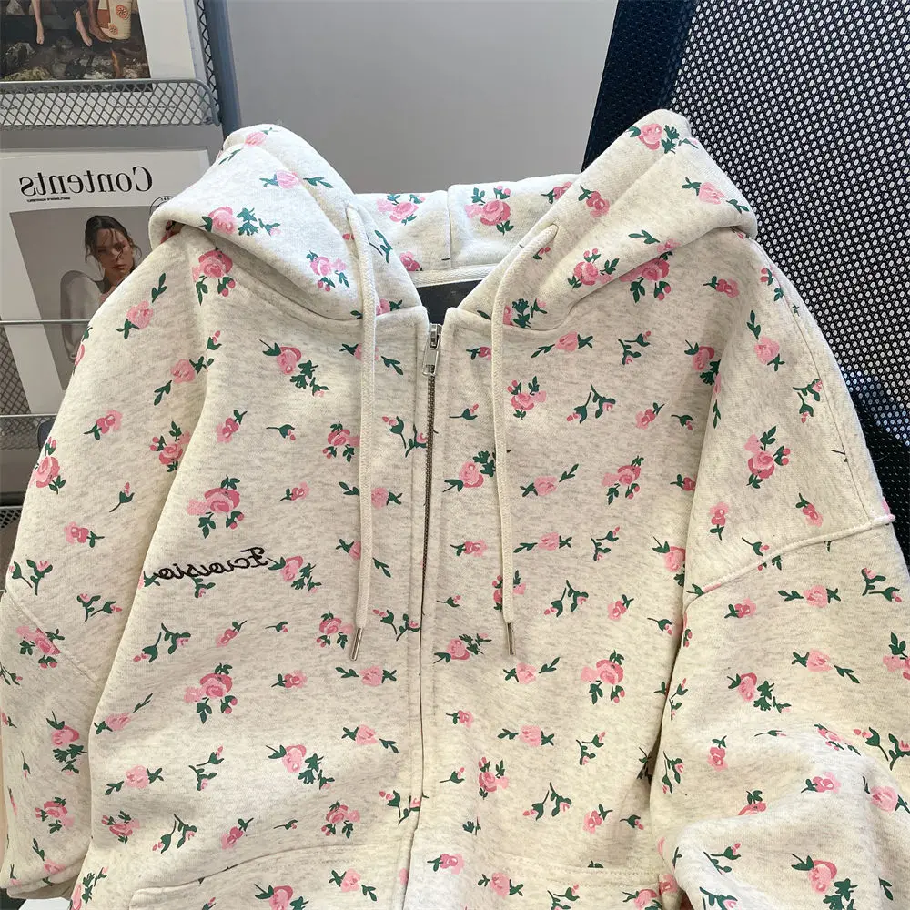 Korean Sweet College Women Sweatshirts Cute Pink Flower Full Print Hoodeis Zipper Jacket Loose Oversized Autumn Long Sleeve Tops