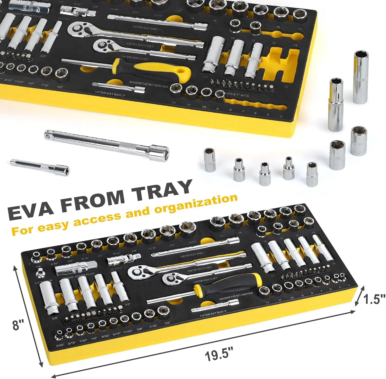 79ピース 1/4インチ & 3/8インチ ドライブ インパクトソケットセット、メートル法 & インチ法、6ポイント、CR-V、EVAフォームトレイ