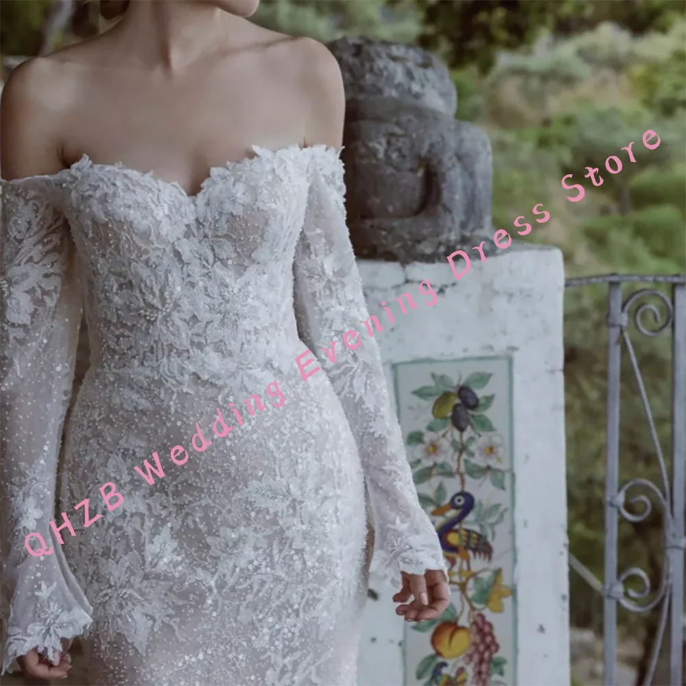 Elegante off-shoulder kant volledige lengte zeemeermin bruid trouwjurken bruidsjurken op maat