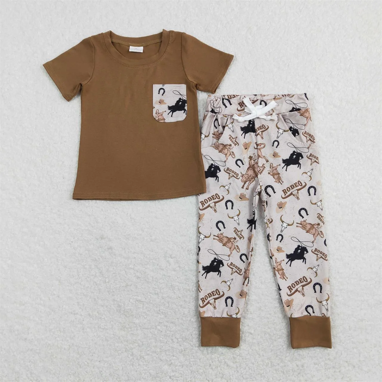 

Wholesale Infant Children Western Sets Short Sleeves Cotton T-Shirt Kids Pocket Pants Baby Boy Toddler Rodeo Cow Print Outfit