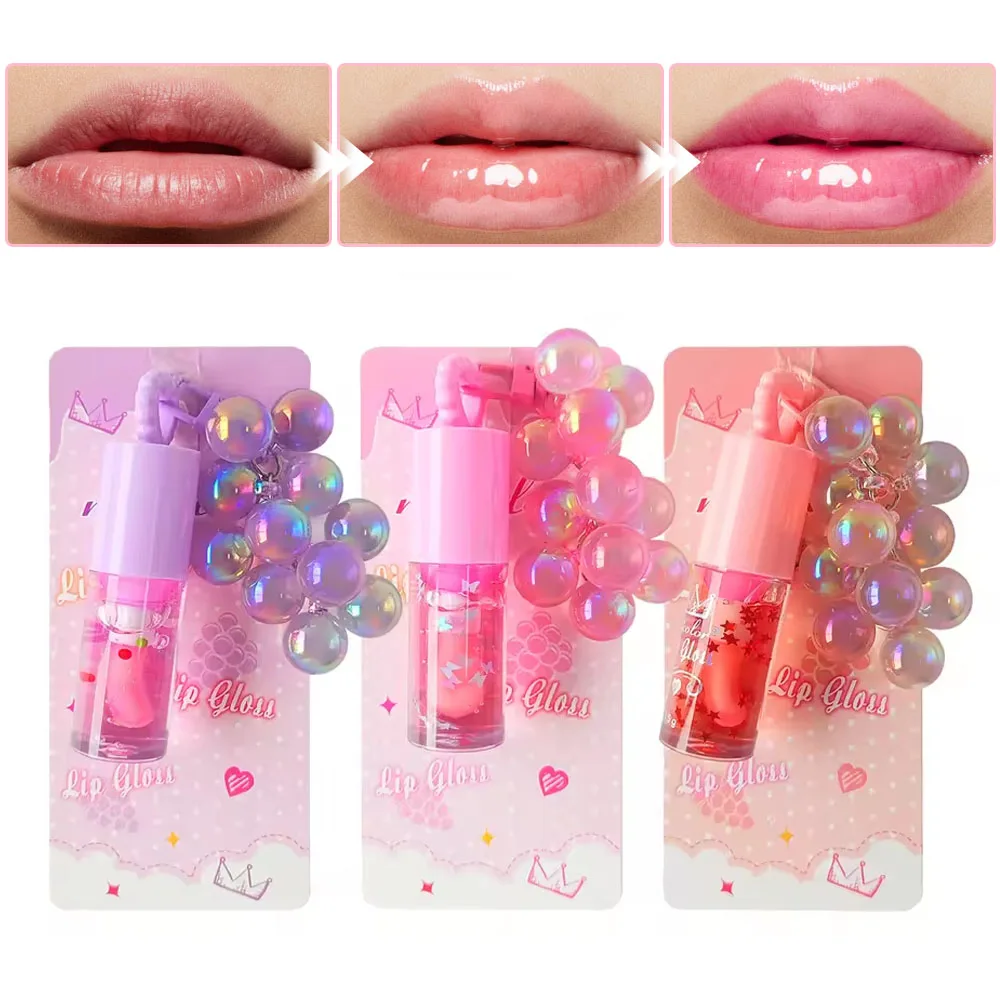Brillo de labios con colgante de uva aleatorio de tres colores, brillo de labios hidratante, fácil de usar, duradero, resistente al agua, bonito regalo