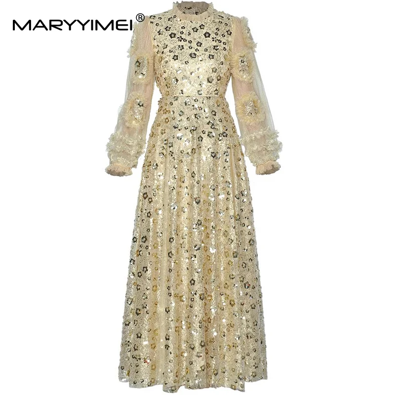

MARYYIMEI Autumn and winter Women Dress Women Long Sleeve Sequins Fungus Vintage Party Ball Gown S-4XL Dresses