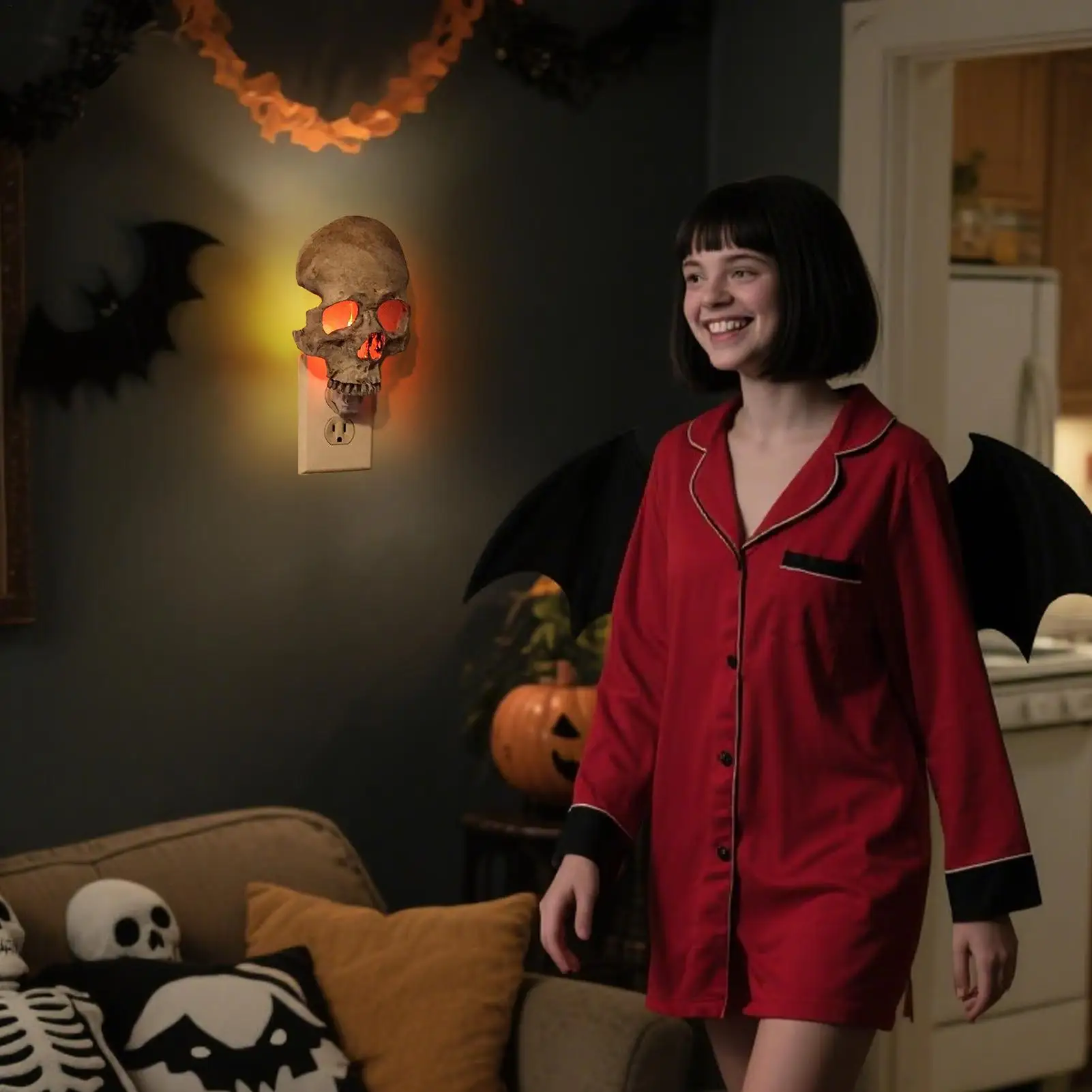 

Halloween Skull Night Light Plug-In Wall Skull Halloween Night Lamp Adjustable Brightness Spooky Nightlight For Home Bedroom