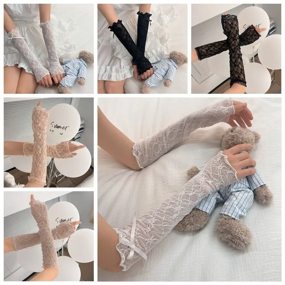 Gants en dentelle à volants sans doigts avec nœud papillon, manches de bras Kawaii, mitaines JK, été