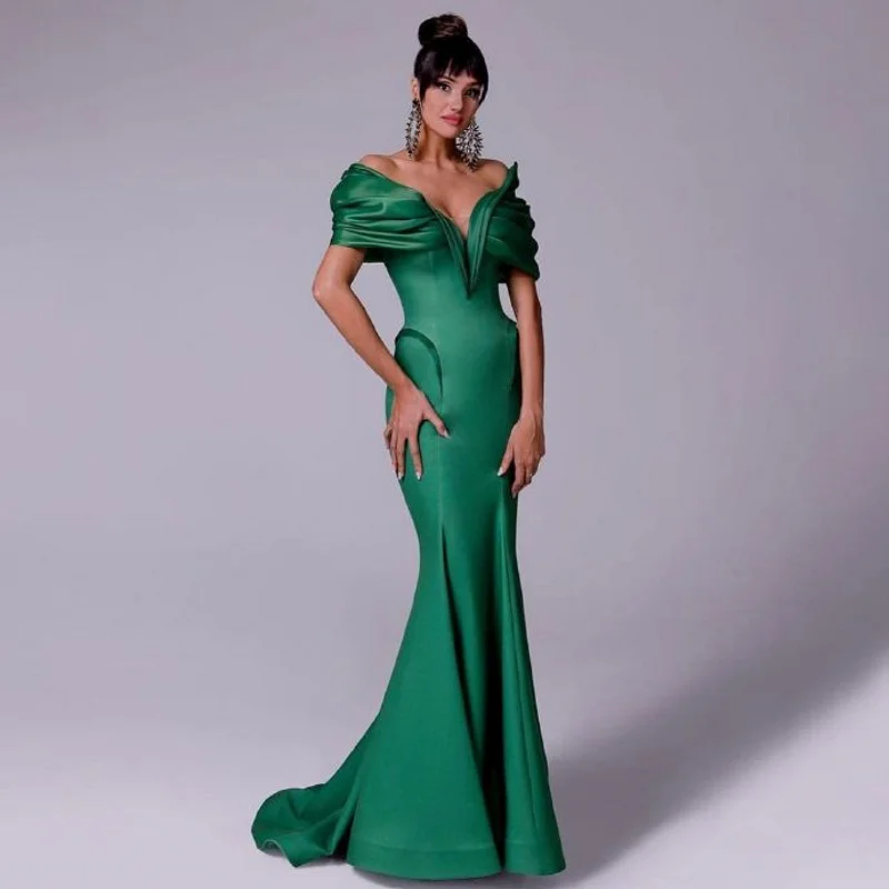 High Couture Formal Dresses Pleats V Neckline Off Shoulder Dubai Party Dress Green Mermaid Saudi Arabic Pageant Prom Gowns