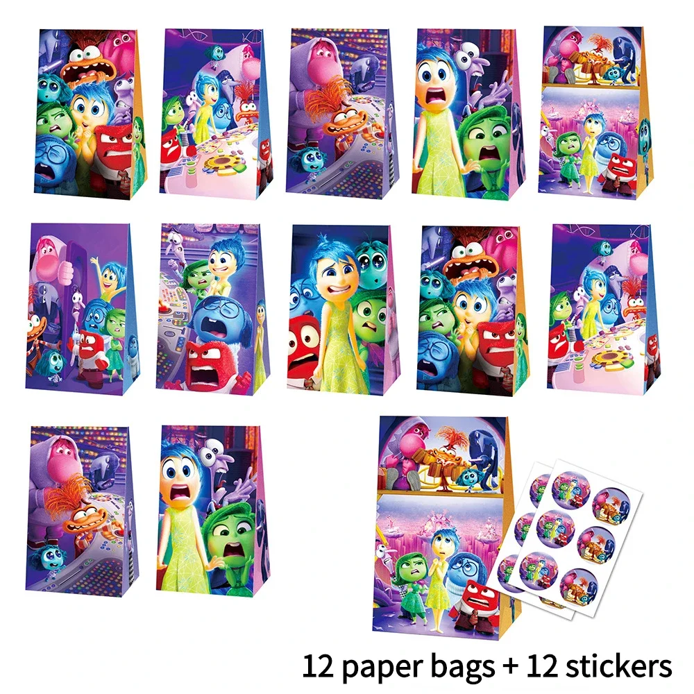 12pcs Inside Out 2 Candy Bags Decorative Paper Bags for Children's Birthday Parties Anime Figure Joy Sadness Anger Disgust Fear