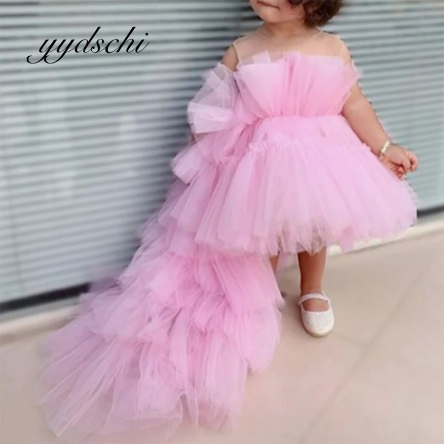 

Fluffy Beach Flower Girl Dress A-Line Kids Princess Lace Pink Tea Length Trailing Wedding Fold Short Tulle Tutu Prom Dresses