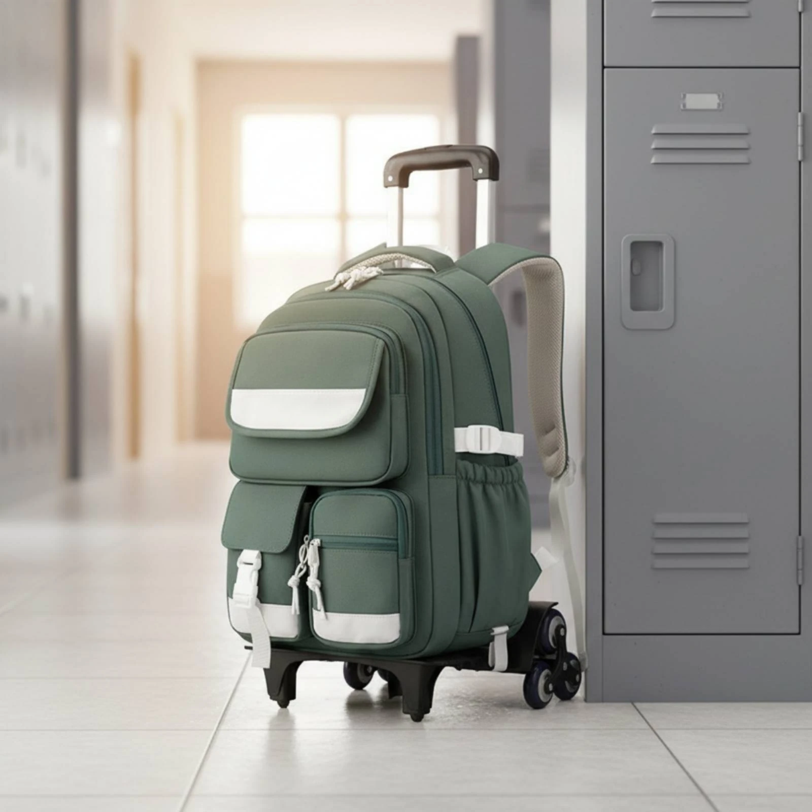 Rolling School Bag with Telescoping Handle Lightweight Six-Wheel Rolling School Backpack Multi-Compartment Breathable