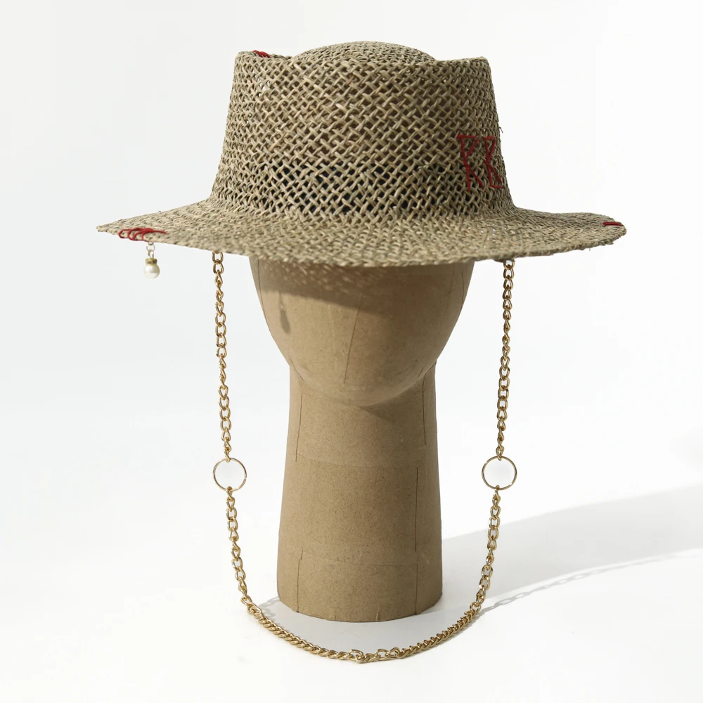 

Персонализированная классическая соломенная шляпа ручной работы, дизайнерская шляпа с жемчужной цепочкой, летняя шляпа от солнца, новая шляпа с буквами, пляжная женская шляпа gorras para hombres