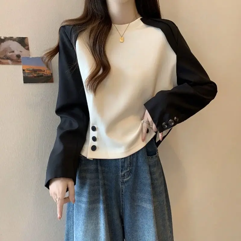 

Casual Contrasting Colors T-shirt Female Clothing Fashion Button Spring Autumn Basic Long Sleeve Commute Round Neck Pullovers