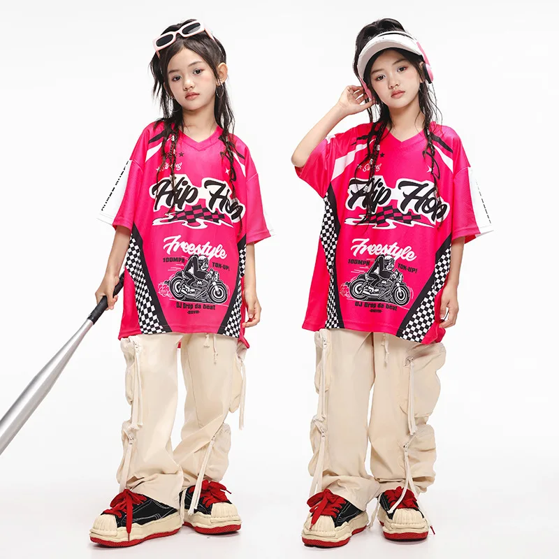 Disfraz de Hip Hop para niña, camiseta de baile de Jazz rosa, pantalones sueltos, traje de baile callejero, ropa de práctica, ropa de actuación para niños, ropa de escenario