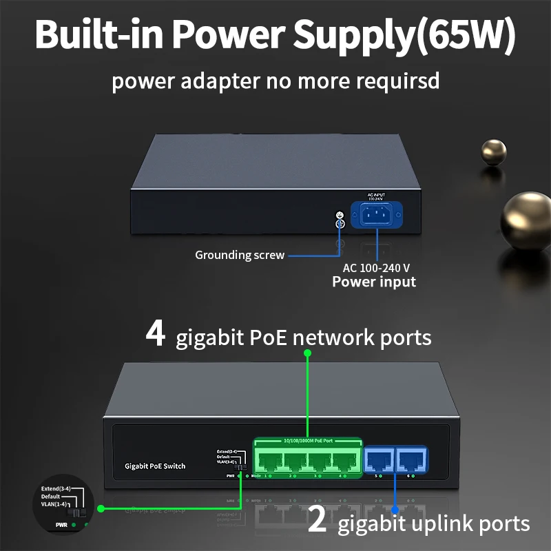 HORACO 6 Port Gigabit POE Switch 1000Mbps Active POE Network Switch 60W لكاميرا IP، NVR، المراقبة، CCTV، POE Camera