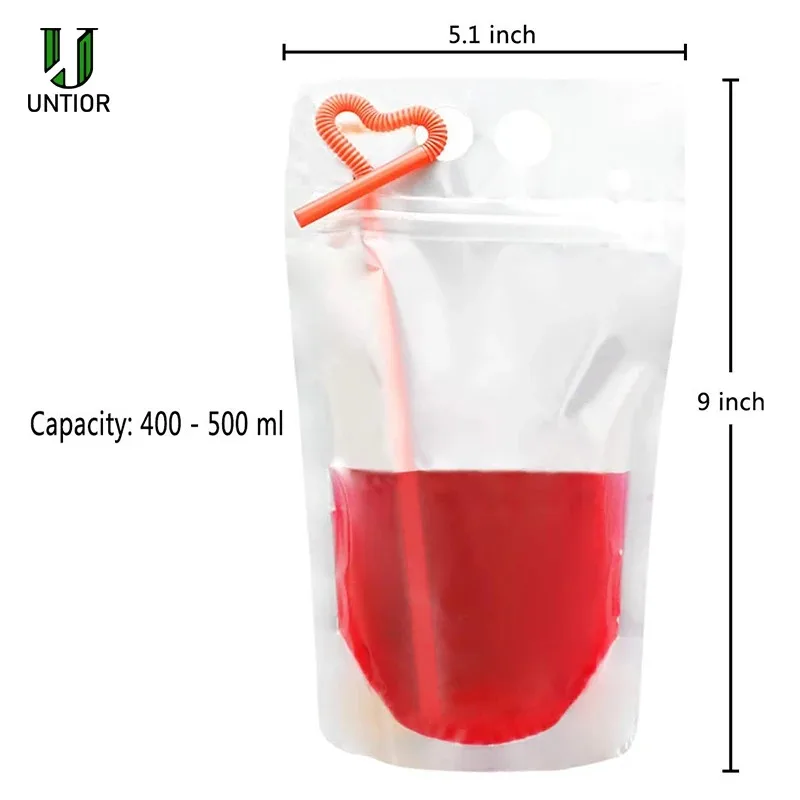 100PCS Magic Drink Pouches with Straw Resealable Ice Drink Pouches Smoothie Bags with Drinking Straws Reusable Juice Pouch