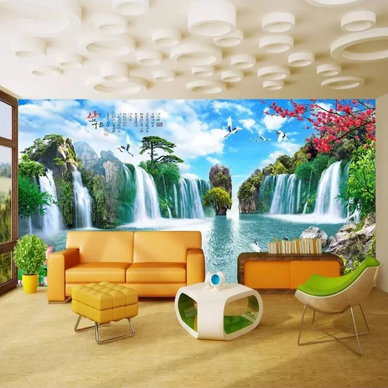Chinese Style Mountain Water Landscape Large Murals Waterfall Custom 3D Photo Wallpaper For Living Room TV Background Wall Mural