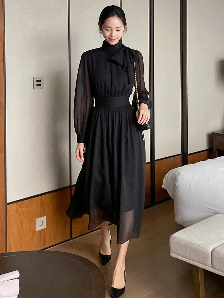 

Korean Style Elegant Bandage Office Long Dress Women Clothing Half High Collar Long Sleeve Black Dress Evening Party Dresses