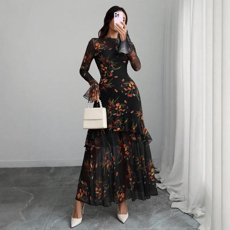 Robe longue à imprimé floral pour femme avec manches flottantes – Robe longue noire à motif botanique, vêtements de station de vacances ​