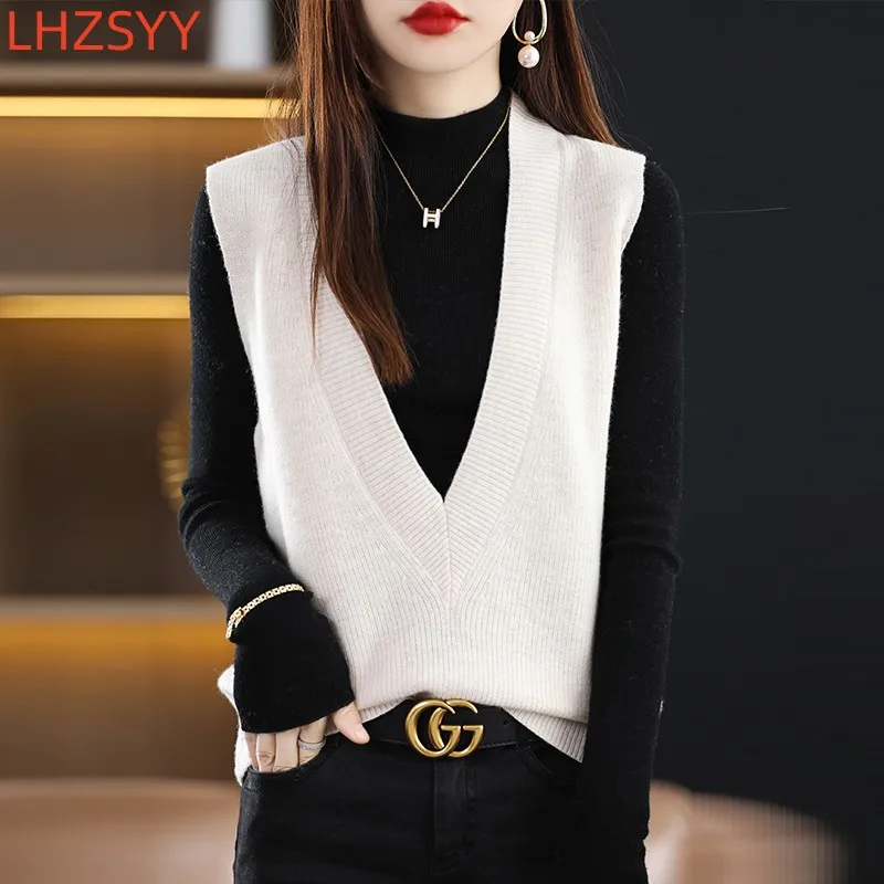 LHZSYY Autumn 100%Pure Wool Knit Vest Women New High-End Sleeveless Sweater take out V-Neck Cashmere Loose waistcoat Female Tops