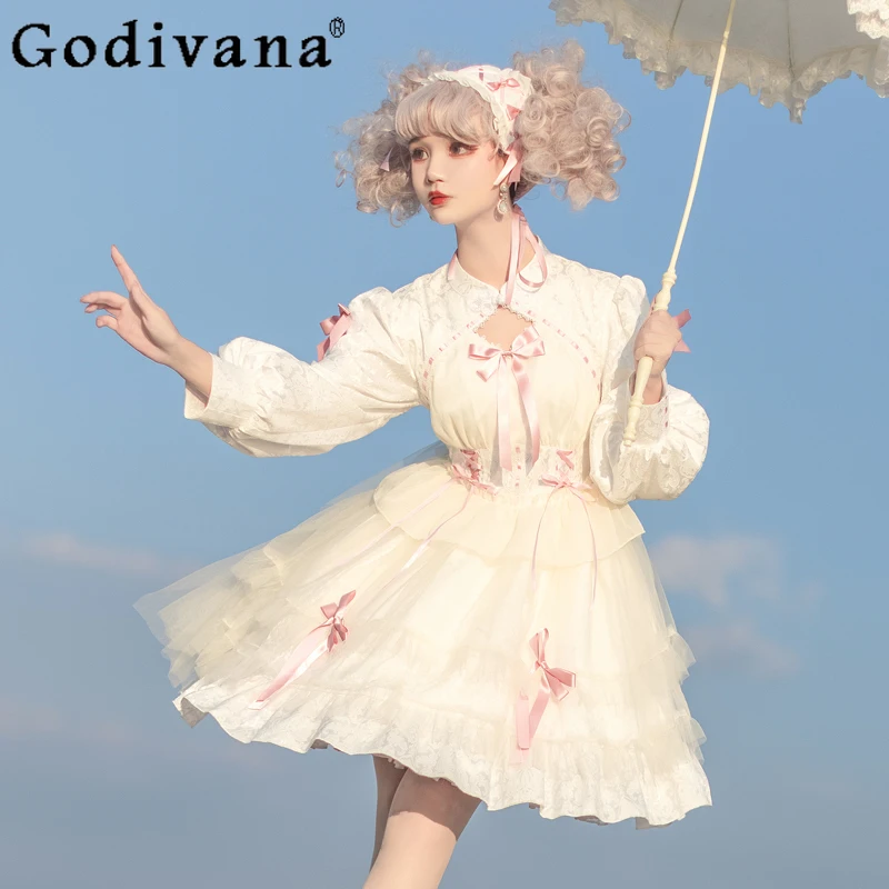 

Lolita Op Long Sleeve Sweet Bow Lace-up A-line Cake Dress Spring Autumn Girl High Waist Stand-up Collar Age-reducing Dresses