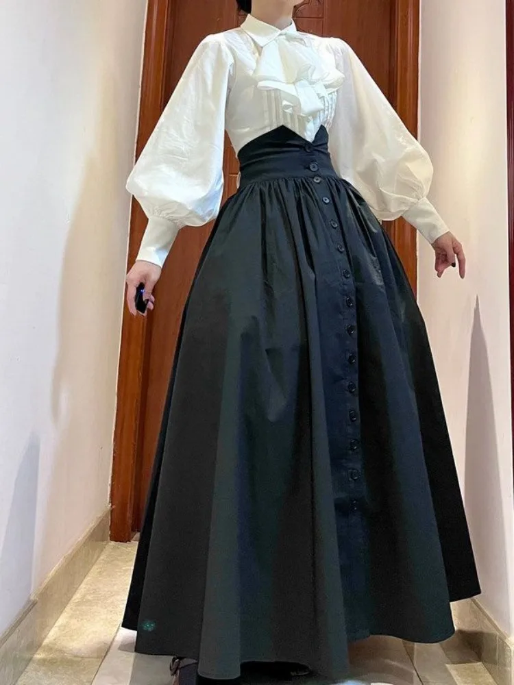 Elegant Long Skirt Women 2024 Faldas Mujer De Moda High Waist A-line Jupe Y2k Aesthetic Single Breasted Pleated Long Skirt Femme