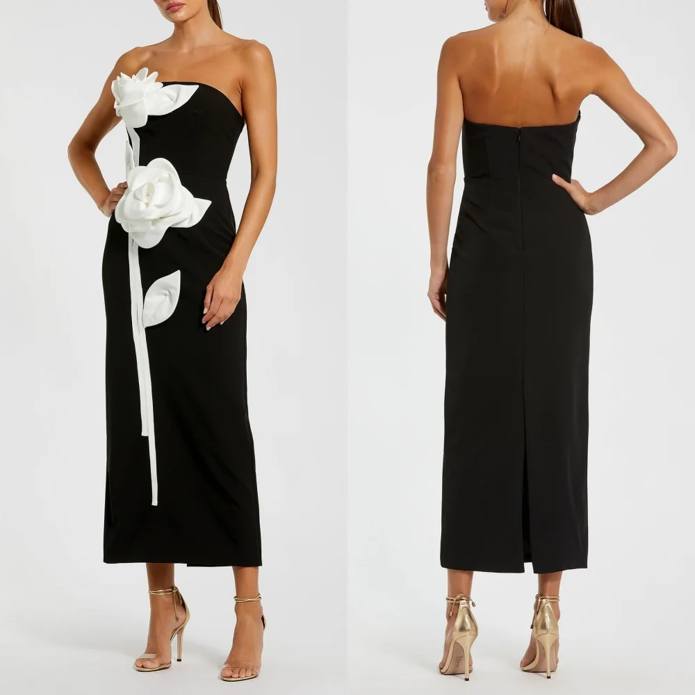 

Customized Intricate Sexy Jersey Handmade Flower Pleat Straight Strapless Midi Dresses Bespoke Occasion Dresses High Quality
