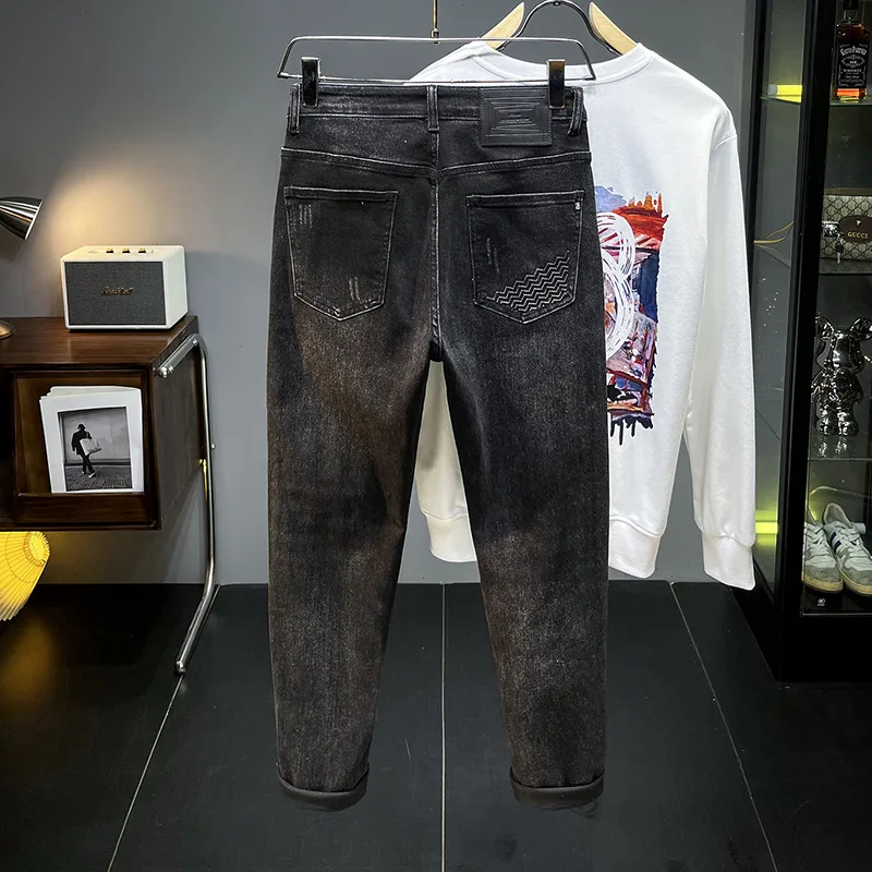 Jins hitam dan abu-abu untuk pria 2024 baru musim gugur elastis ramping lurus merek Fashion High-End celana robek Skinny