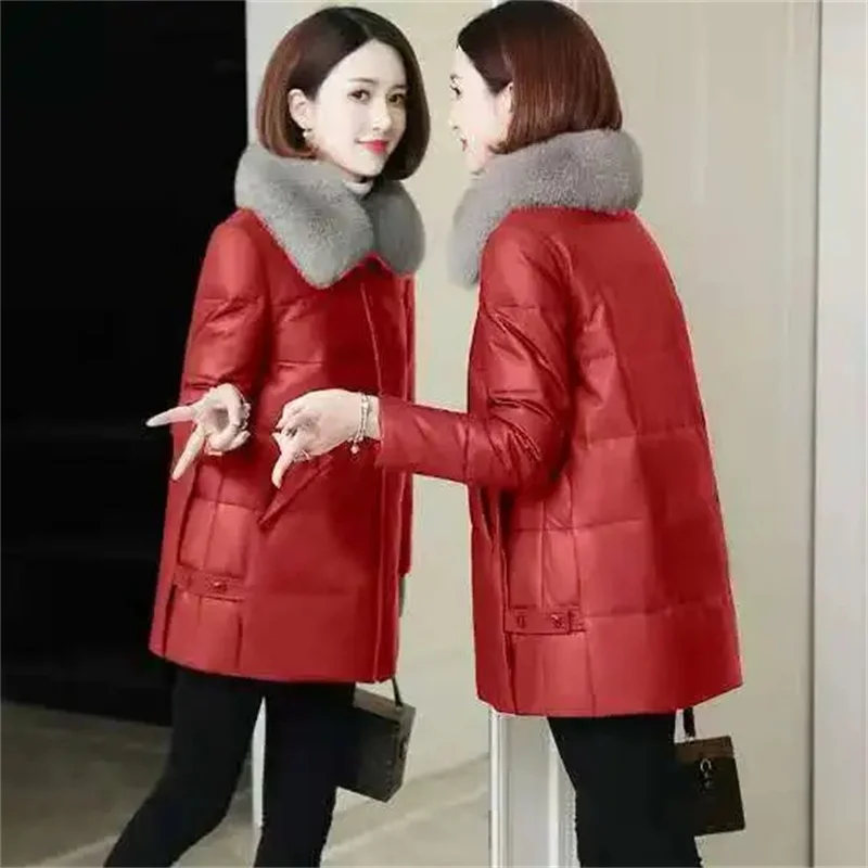 Zwart Rood Leren Jas Vrouwelijke Nepbontjas Winter Herfst PU Leren Jas Jas Vrouwen Parka Dons Katoenen Bovenkleding 4XL