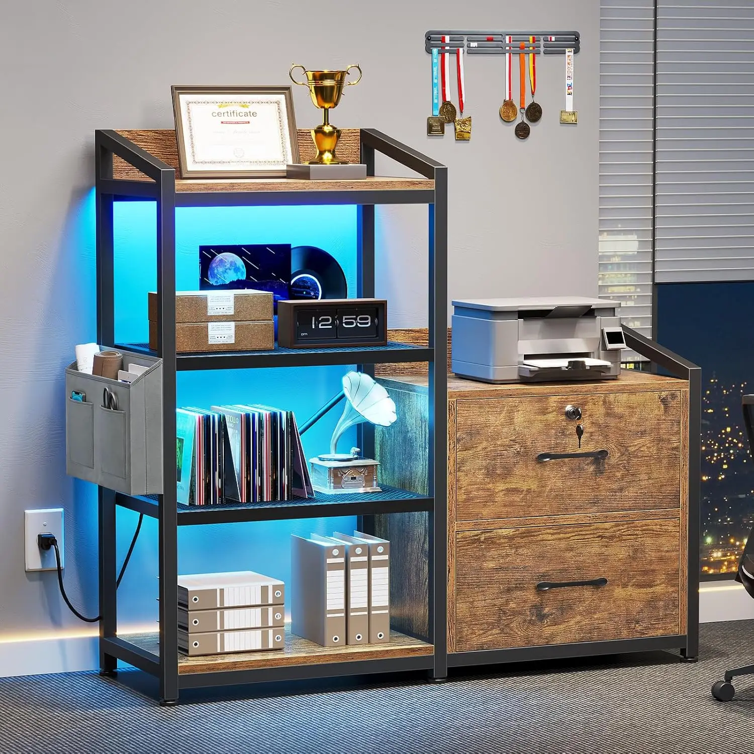 Armário para Home Office, 2 gavetas com Power Strip, se encaixa em tamanho A4 carta, 35,4 polegadas