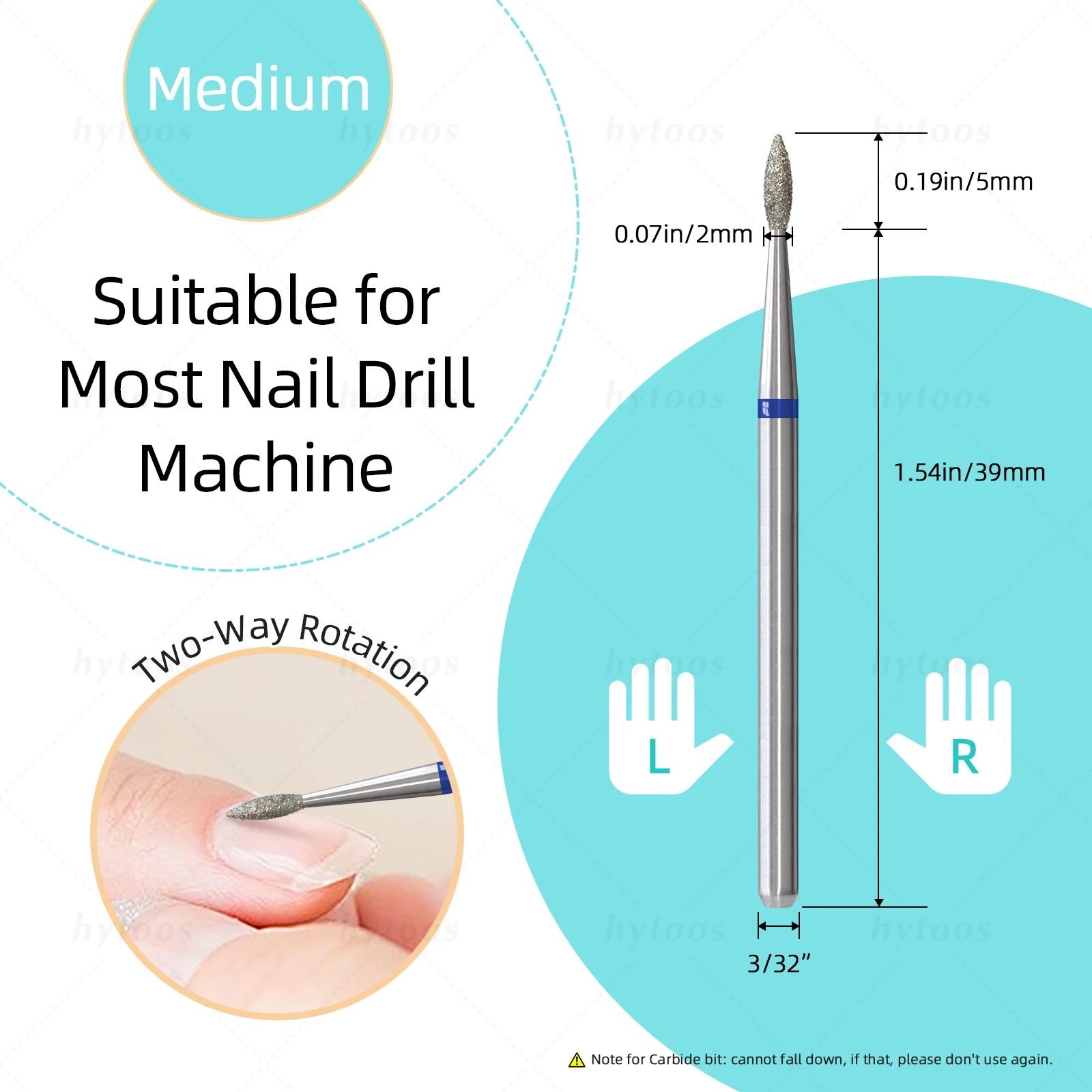 HYTOOS Diamond Cuticle Nail Drill Bits 2mm Small Flame Russian Nail Bit Professional Safety Under Nail Dead Skin Cleaner Tool